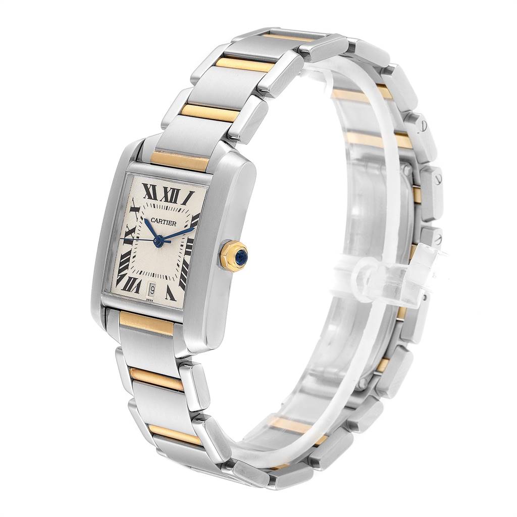 This image shows a Cartier Tank Francaise W51005Q4 Men's Steel and Gold (two tone) Silver Dial W51005Q4 Men's Steel and Gold (two tone) Silver Dial watch from an angled view, highlighting the face, bracelet, and crown.
