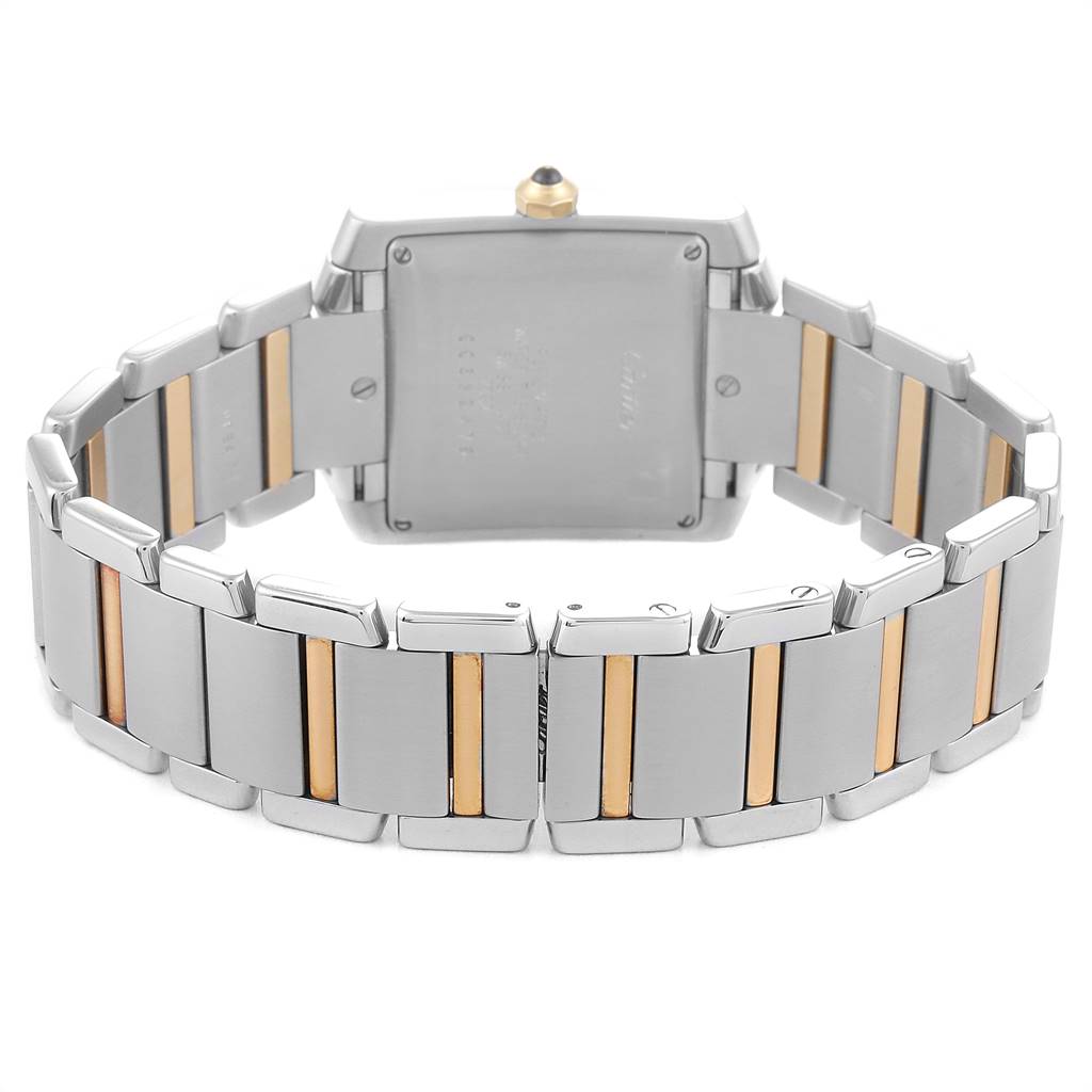 The image shows the back view of the Cartier Tank Francaise W51005Q4 Men's Steel and Gold (two tone) Silver Dial W51005Q4 Men's Steel and Gold (two tone) Silver Dial watch, focusing on its metal bracelet with gold accents.