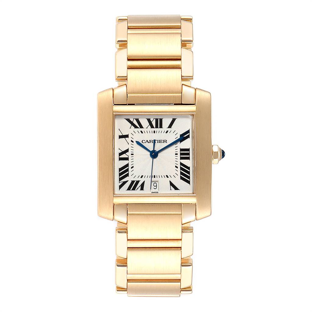 The Tank Francaise watch by Cartier is shown from the front, displaying the face, Roman numerals, hands, and part of the bracelet.