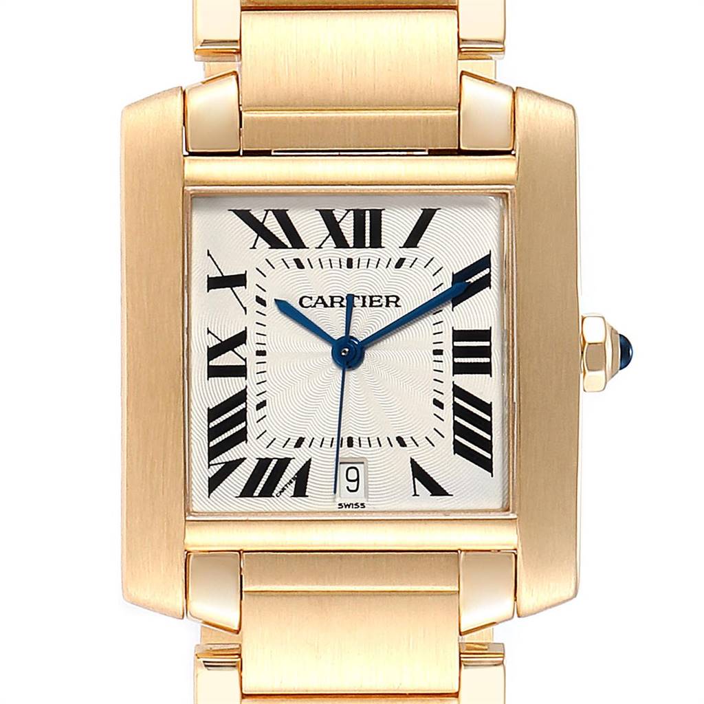 The image shows a close-up of the face and part of the bracelet of the Cartier Tank Francaise W50001R2 Yellow Gold Silver Dial W50001R2 Yellow Gold Silver Dial watch.