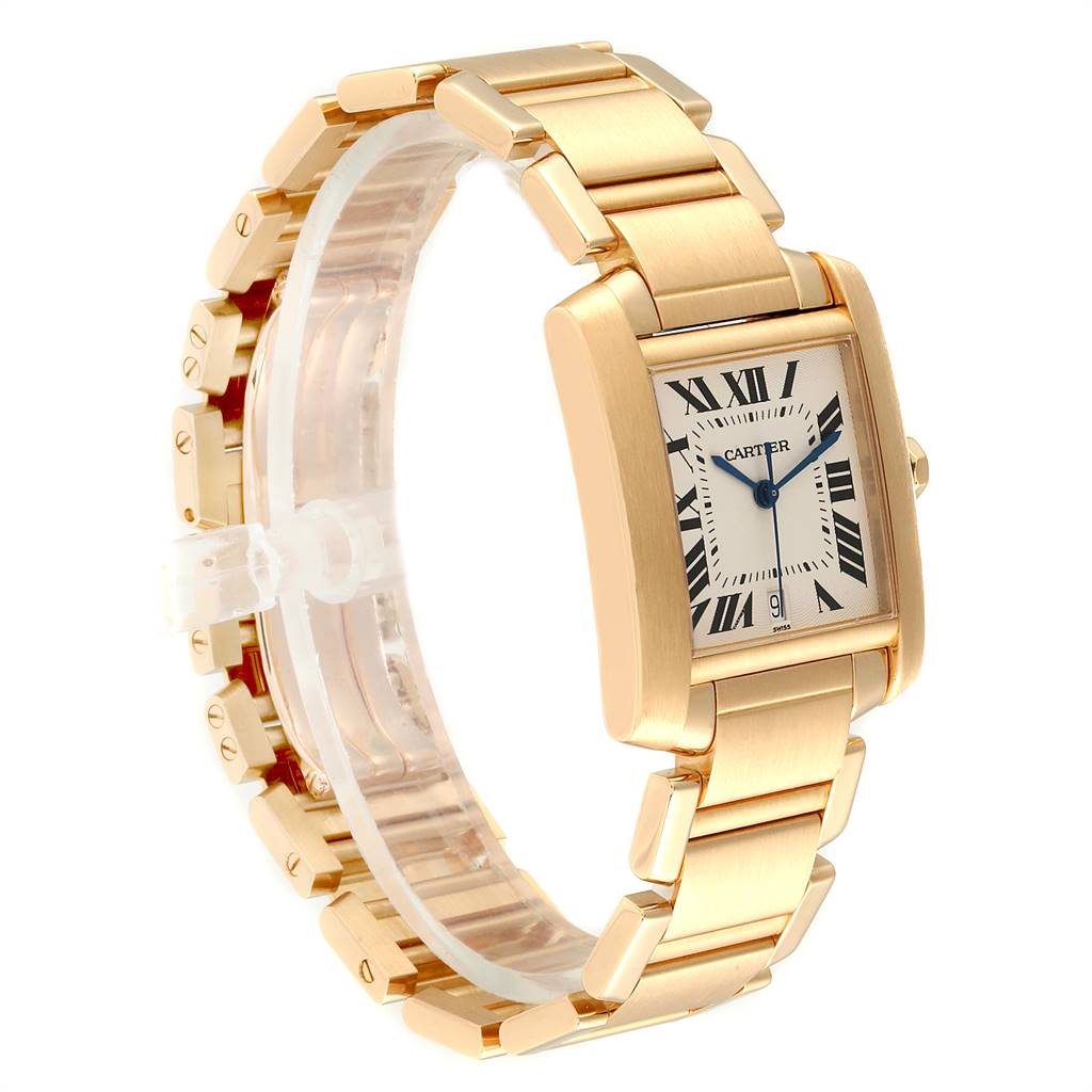The Cartier Tank Francaise W50001R2 Yellow Gold Silver Dial W50001R2 Yellow Gold Silver Dial watch is shown at a three-quarter angle, highlighting its gold case, bracelet, and Roman numeral dial.