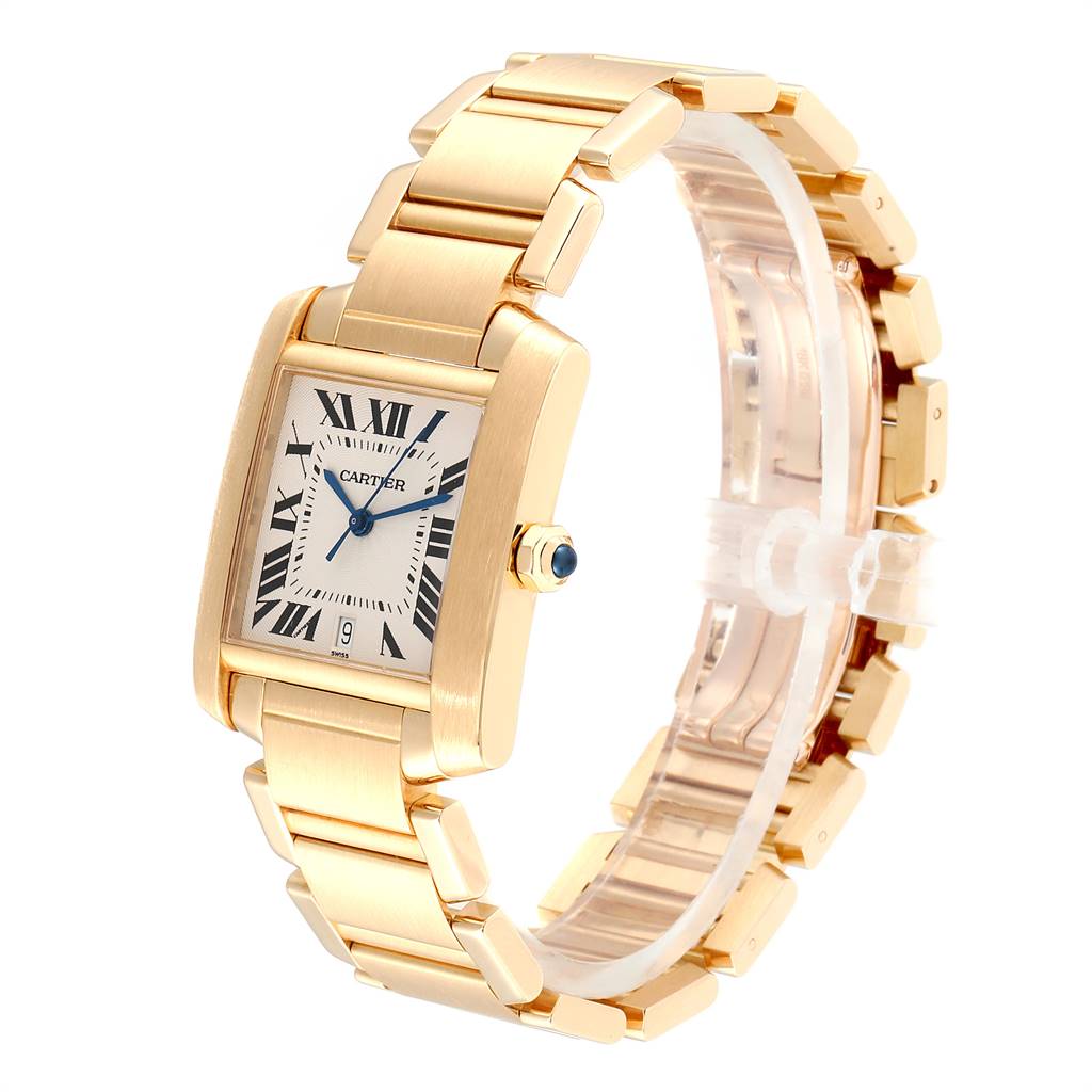The Cartier Tank Francaise W50001R2 Yellow Gold Silver Dial W50001R2 Yellow Gold Silver Dial watch is shown at a slight angle, highlighting its rectangular dial, Roman numerals, and gold bracelet.