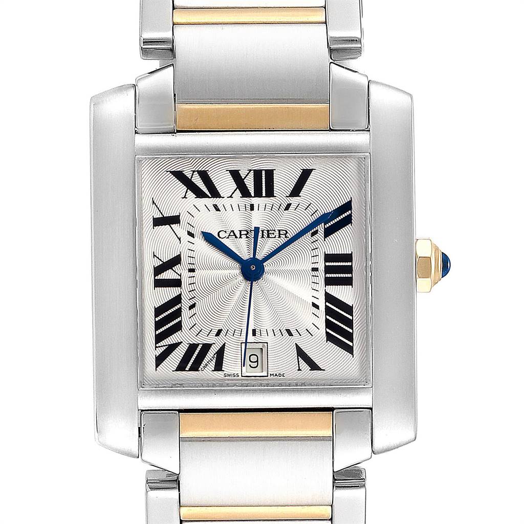 The image shows a close-up, front view of the Cartier Tank Française watch, highlighting its dial, hands, case, and bracelet.