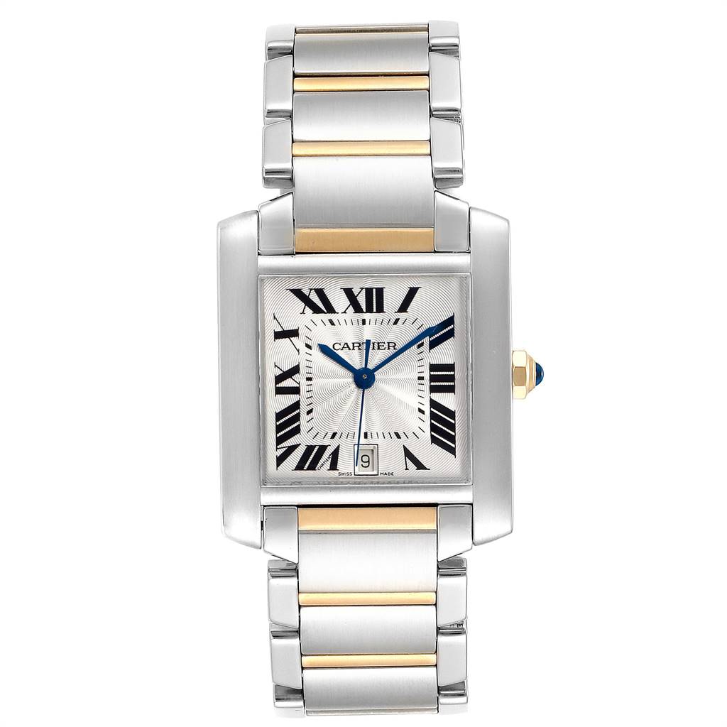 The image shows a Cartier Tank Francaise W51005Q4 Men's Steel and Gold (two tone) Silver Dial W51005Q4 Men's Steel and Gold (two tone) Silver Dial watch, straight-on view, featuring Roman numeral markers and a two-tone metal bracelet.