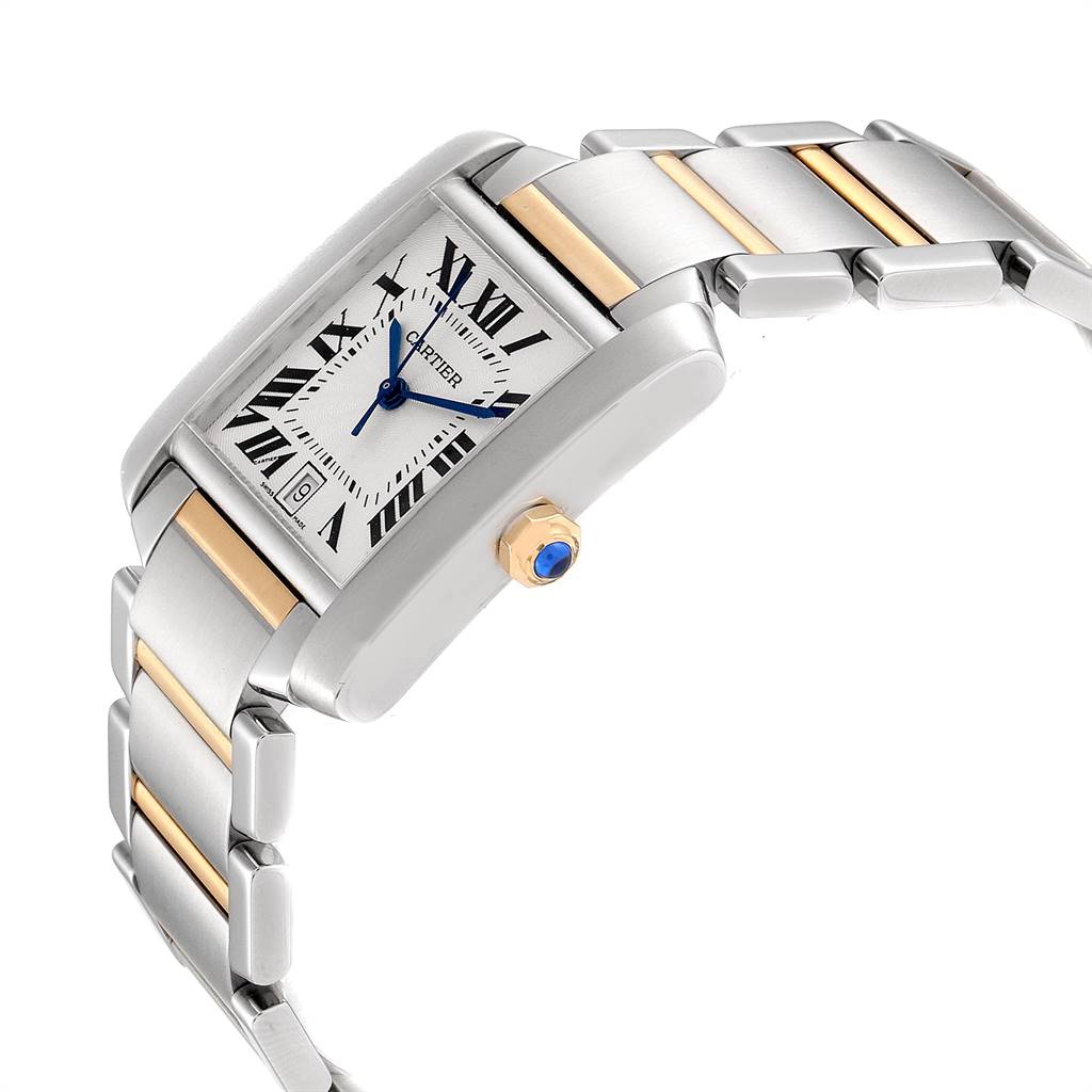 The image shows a side angle of the Cartier Tank Francaise W51005Q4 Men's Steel and Gold (two tone) Silver Dial W51005Q4 Men's Steel and Gold (two tone) Silver Dial watch displaying the face, crown, and part of the two-tone metal bracelet.