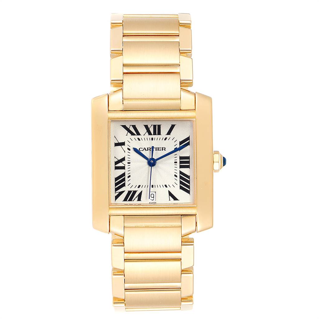 The image shows a front view of a Cartier Tank Francaise W50001R2 Yellow Gold Silver Dial W50001R2 Yellow Gold Silver Dial watch highlighting its gold case, bracelet, and rectangular dial.