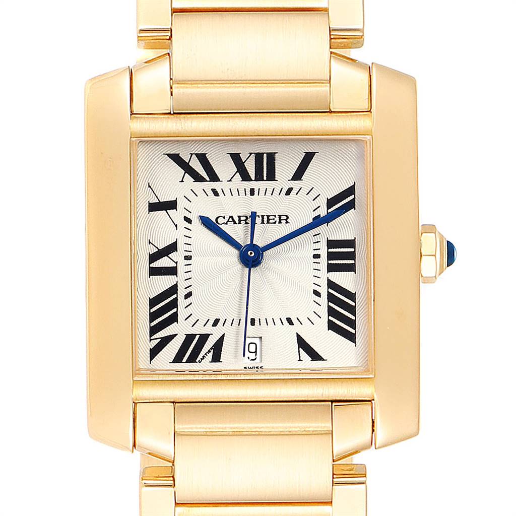 The image shows a close-up view of the Cartier Tank Française watch, highlighting its square face, Roman numerals, and gold bracelet.