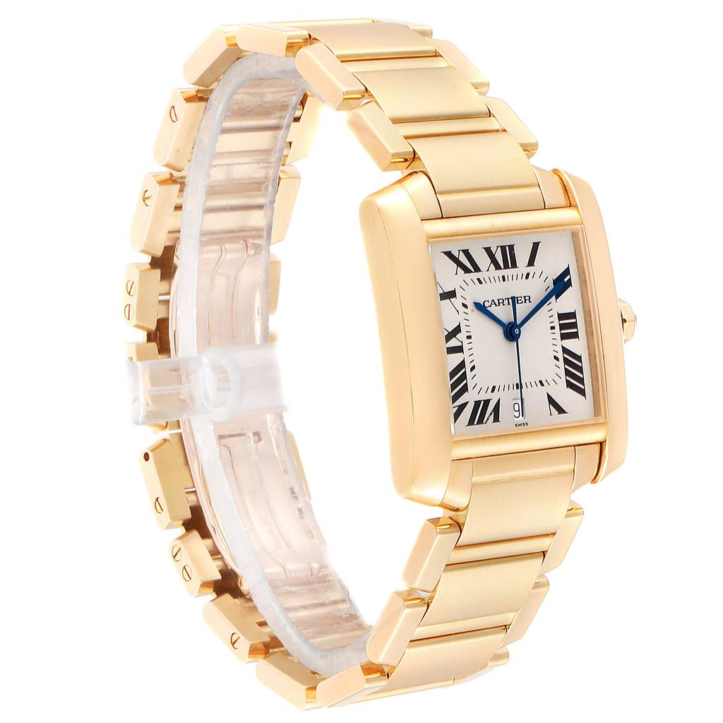 The image shows a side view of the Cartier Tank Francaise W50001R2 Yellow Gold Silver Dial W50001R2 Yellow Gold Silver Dial watch, highlighting its linked bracelet and rectangular face.
