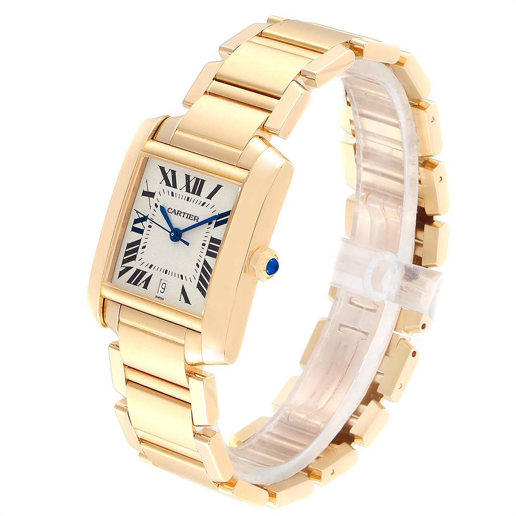 The Cartier Tank Francaise W50001R2 Yellow Gold Silver Dial W50001R2 Yellow Gold Silver Dial watch is shown from a three-quarter angle, highlighting its gold bracelet and rectangular face with Roman numerals.