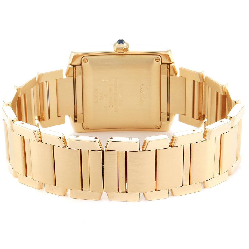 The image shows the back case and bracelet of the Cartier Tank Francaise W50001R2 Yellow Gold Silver Dial W50001R2 Yellow Gold Silver Dial watch in a gold finish.