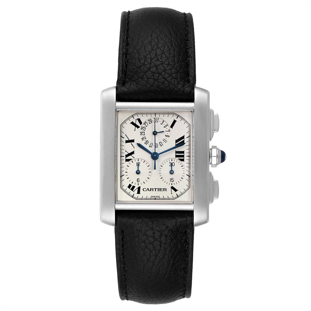 This image shows a frontal view of the Cartier Tank Francaise W51001Q3 Men's Stainless Steel White Dial W51001Q3 Men's Stainless Steel White Dial watch with its black leather strap and rectangular dial.