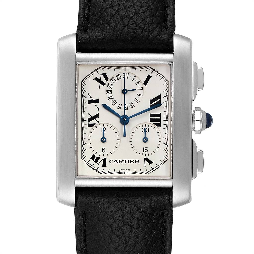 This image shows a front view of the Cartier Tank Française watch, highlighting its face, dials, and crown with blue cabochon.