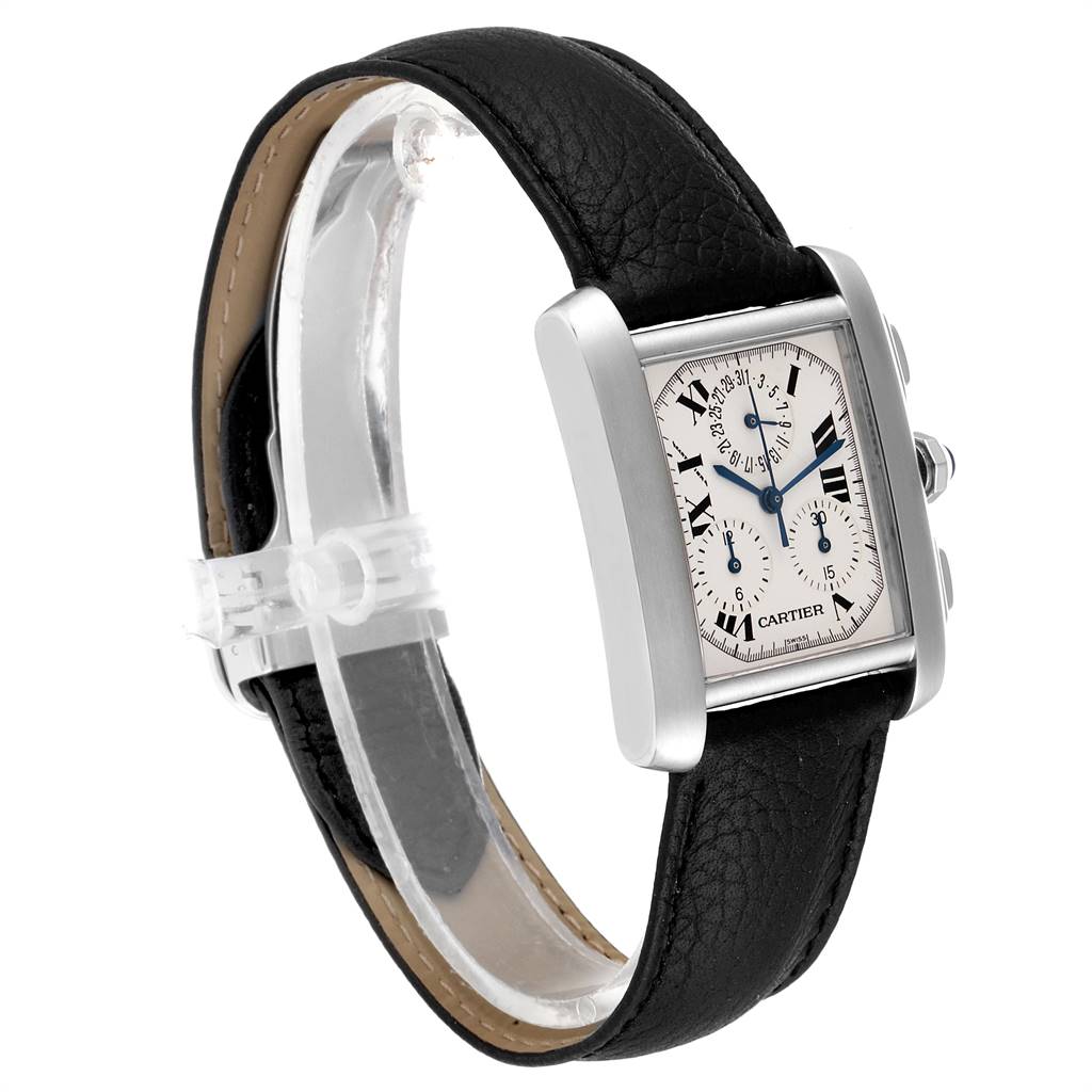 The image shows a Cartier Tank Francaise W51001Q3 Men's Stainless Steel White Dial W51001Q3 Men's Stainless Steel White Dial watch angled from the left side, displaying the dial, case, and leather strap.