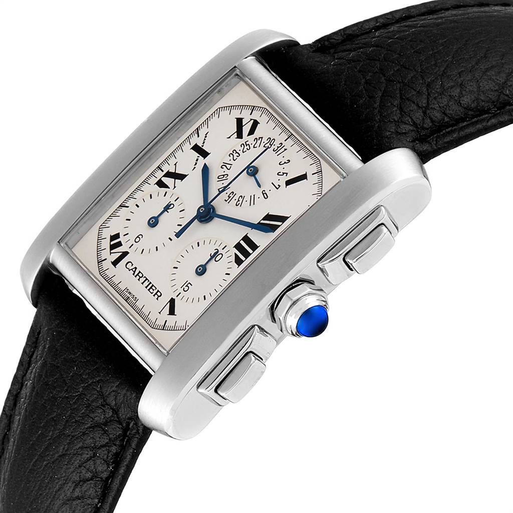 The Cartier Tank Française watch is shown at an angled view highlighting its face, side buttons, and leather strap.