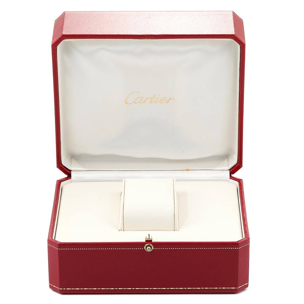 This image shows an open Cartier watch box for the Tank Francaise model with a cushioned interior but no watch inside.