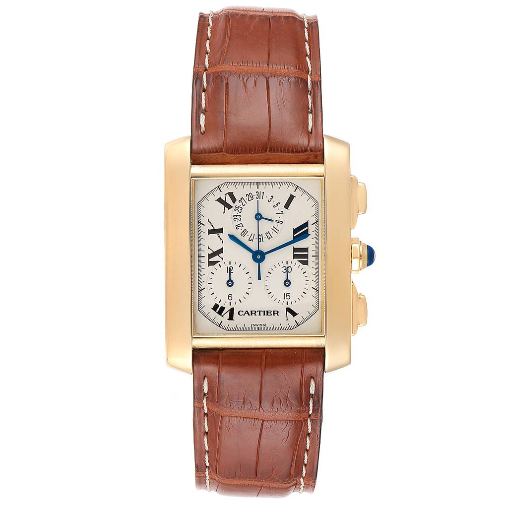 This image shows a Cartier Tank Francaise W5000556 Men's Yellow Gold Silver Dial W5000556 Men's Yellow Gold Silver Dial watch from a top view, displaying the face, case, and brown leather strap.