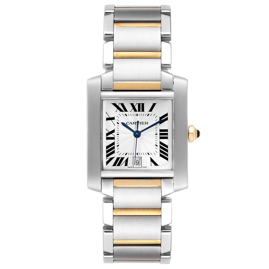 The image shows a front view of a Cartier Tank Francaise W51005Q4 Men's Steel and Gold (two tone) Silver Dial W51005Q4 Men's Steel and Gold (two tone) Silver Dial watch, highlighting its Roman numeral dial and metal bracelet with gold accents.