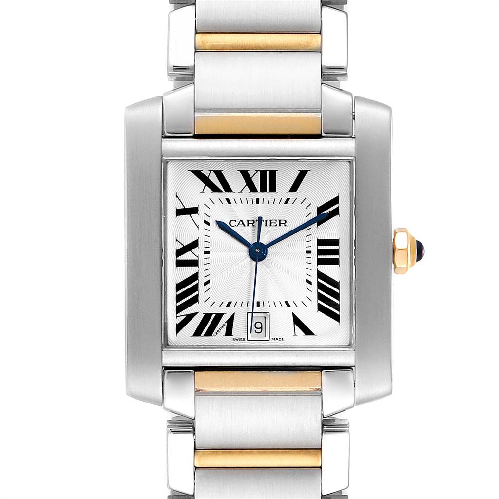 The image shows a front view of a Cartier Tank Francaise W51005Q4 Men's Steel and Gold (two tone) Silver Dial W51005Q4 Men's Steel and Gold (two tone) Silver Dial watch, focusing on the dial, bracelet, and crown.