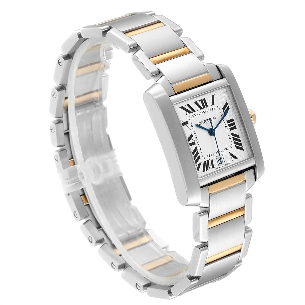 This image displays a Cartier Tank Française watch at a three-quarter angle, showcasing its face, case, and metal bracelet.