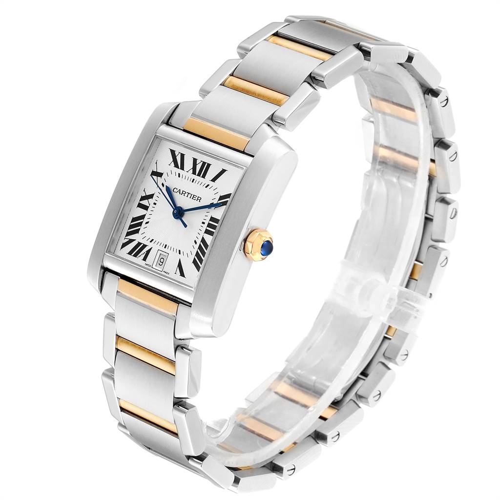 The image shows a Cartier Tank Francaise W51005Q4 Men's Steel and Gold (two tone) Silver Dial W51005Q4 Men's Steel and Gold (two tone) Silver Dial watch at an angle emphasizing its face, bracelet, and crown.