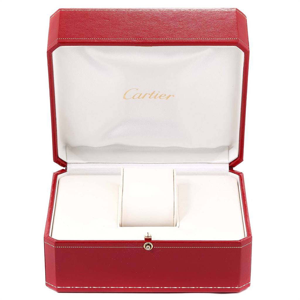 The image shows an open Cartier box, likely for a Tank Francaise model, showcasing the interior cushion and lining.