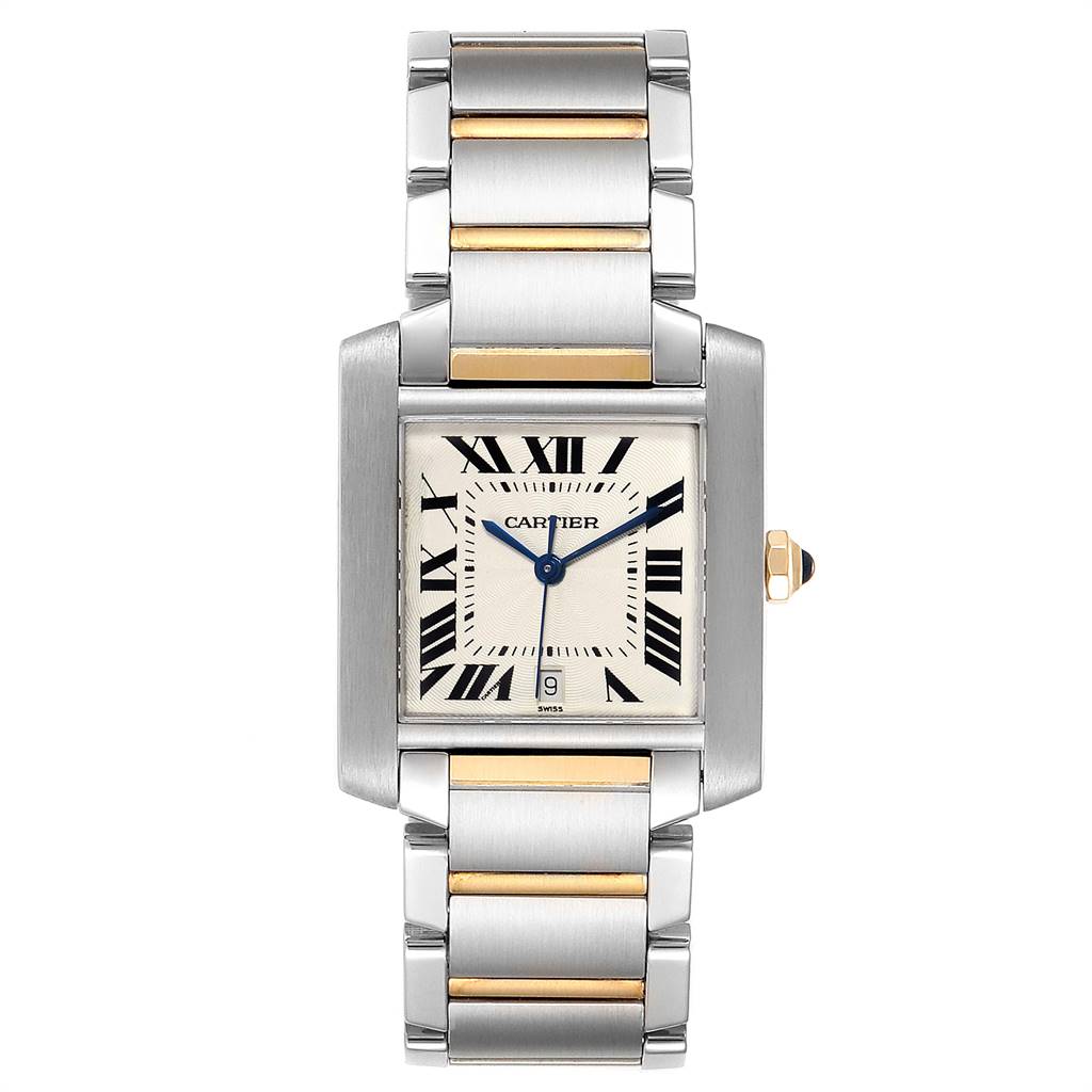 The Cartier Tank Francaise W51005Q4 Men's Steel and Gold (two tone) Silver Dial W51005Q4 Men's Steel and Gold (two tone) Silver Dial watch is shown from a top-down angle, displaying the face, bezel, and bracelet.