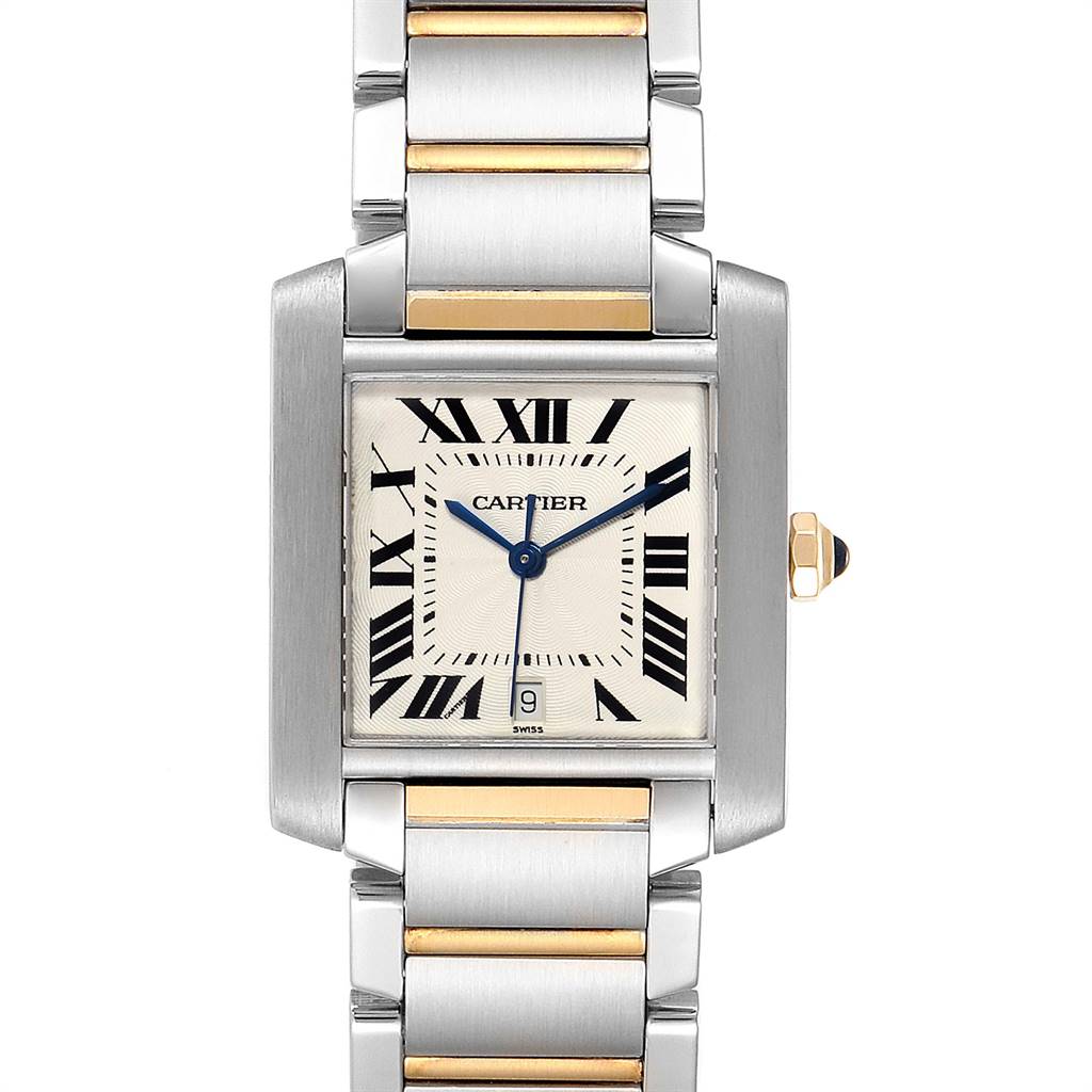 The image shows a frontal view of the Cartier Tank Francaise W51005Q4 Men's Steel and Gold (two tone) Silver Dial W51005Q4 Men's Steel and Gold (two tone) Silver Dial watch, highlighting its rectangular dial, bracelet, and crown.