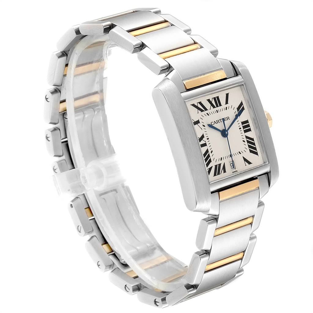 The Cartier Tank Francaise W51005Q4 Men's Steel and Gold (two tone) Silver Dial W51005Q4 Men's Steel and Gold (two tone) Silver Dial watch is shown at a three-quarter angle, highlighting the face, bracelet, and side view.