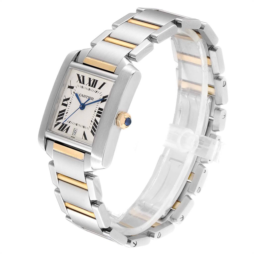 The image shows a Cartier Tank Francaise W51005Q4 Men's Steel and Gold (two tone) Silver Dial W51005Q4 Men's Steel and Gold (two tone) Silver Dial watch at a slight angle, highlighting its rectangular face and metal bracelet with gold accents.