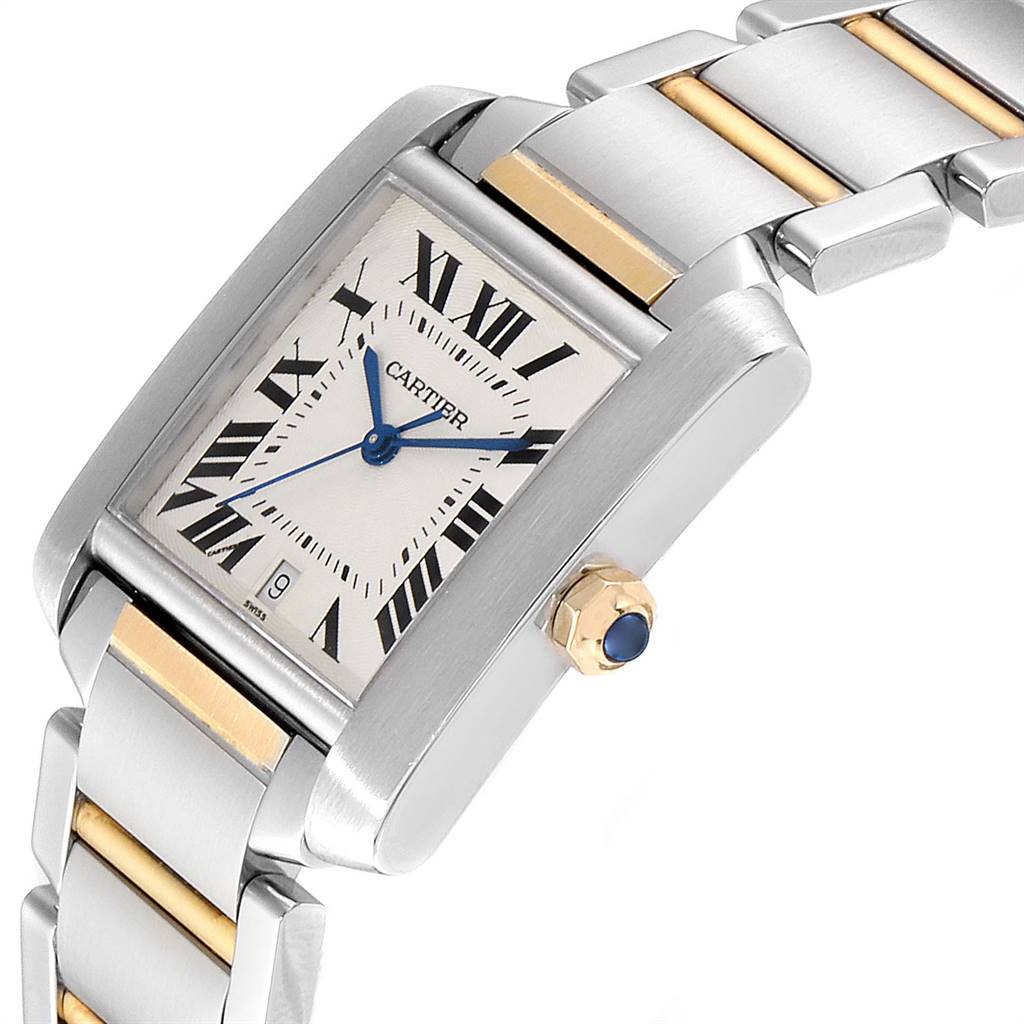 This image shows a Cartier Tank Francaise W51005Q4 Men's Steel and Gold (two tone) Silver Dial W51005Q4 Men's Steel and Gold (two tone) Silver Dial watch angled to display its face, bracelet, and crown.