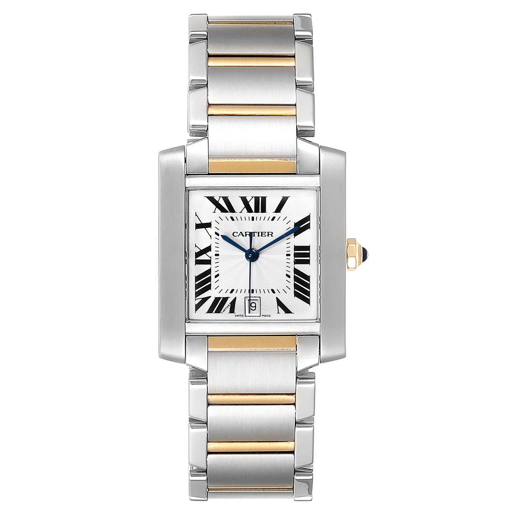 The Cartier Tank Française watch is shown from a front angle, displaying its rectangular face, Roman numerals, and metal bracelet.