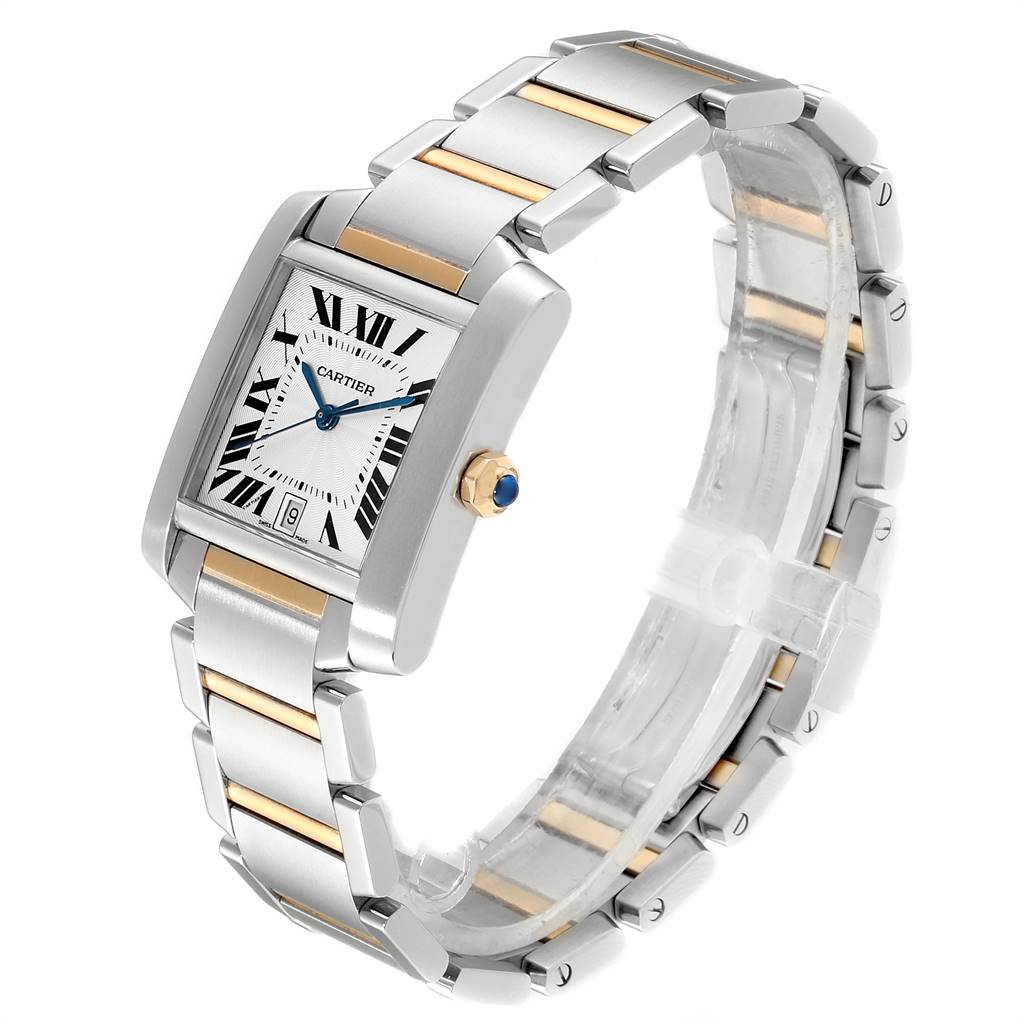 The image shows a Cartier Tank Française watch at a three-quarter angle, highlighting the face, crown, and stainless steel bracelet.