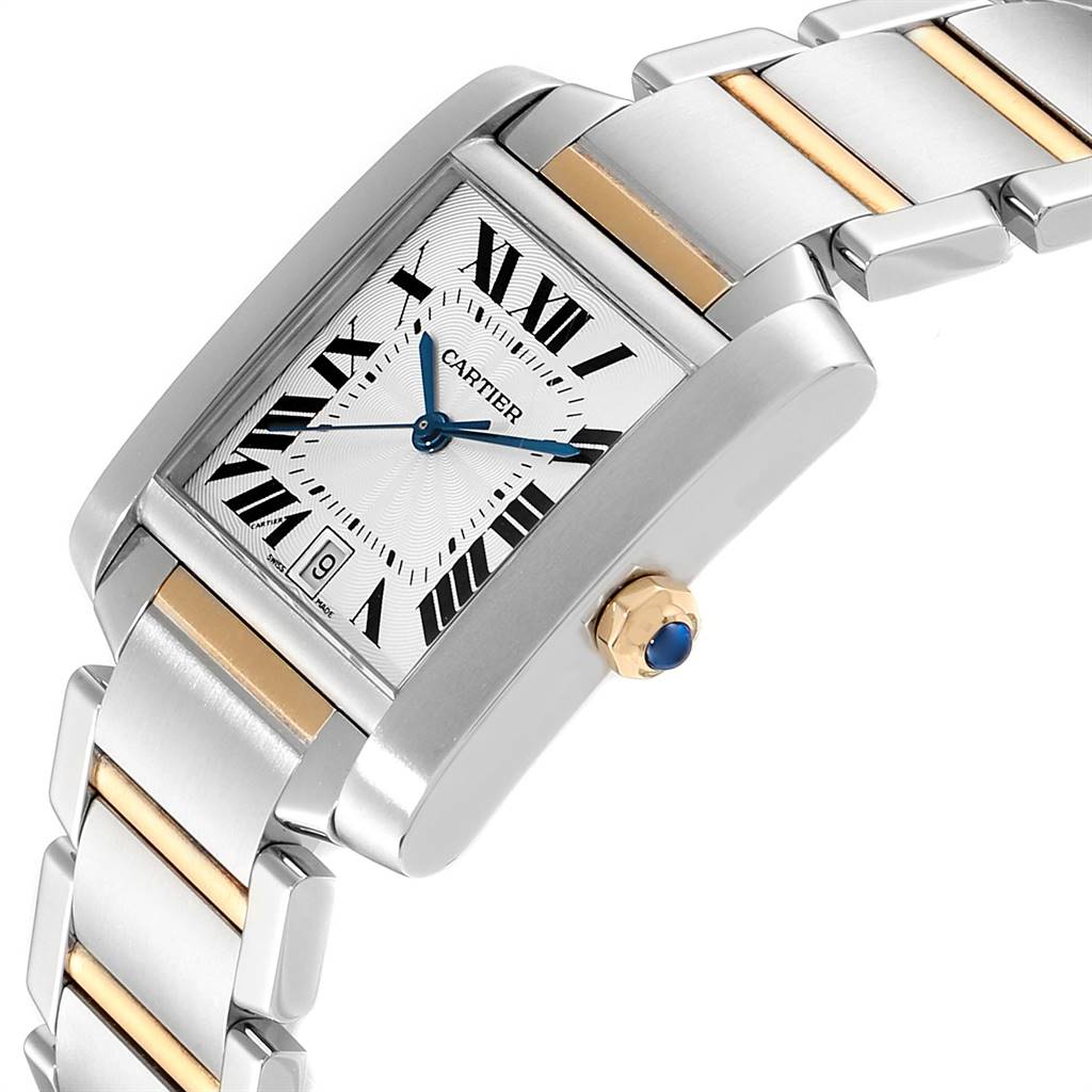 This image shows a close-up angle of the Cartier Tank Française watch, highlighting its dial, bezel, bracelet, and crown.
