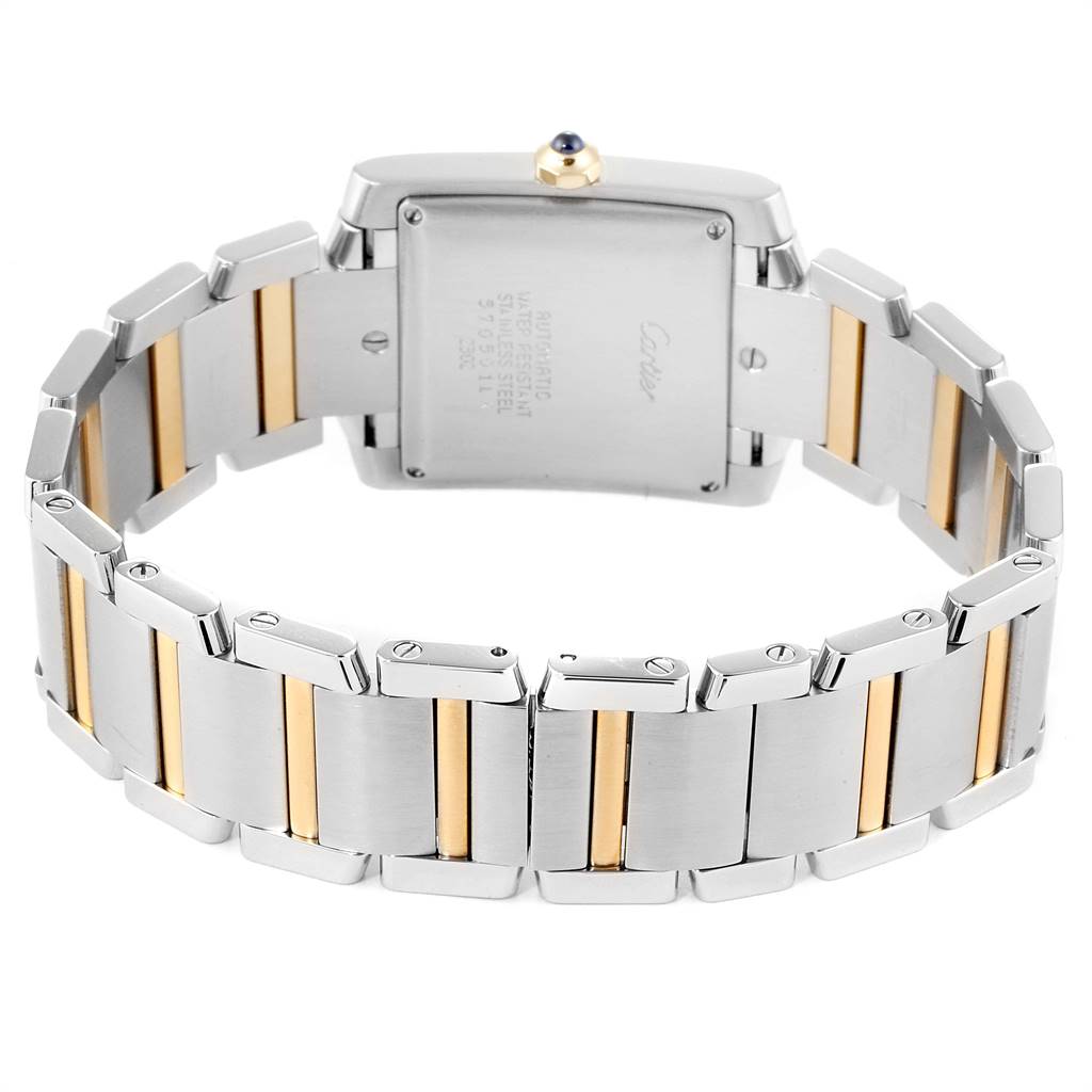 This Cartier Tank Francaise W51005Q4 Steel and Gold (two tone) Silver Dial W51005Q4 Steel and Gold (two tone) Silver Dial watch is shown from the back, highlighting its stainless steel case and bi-metal bracelet.