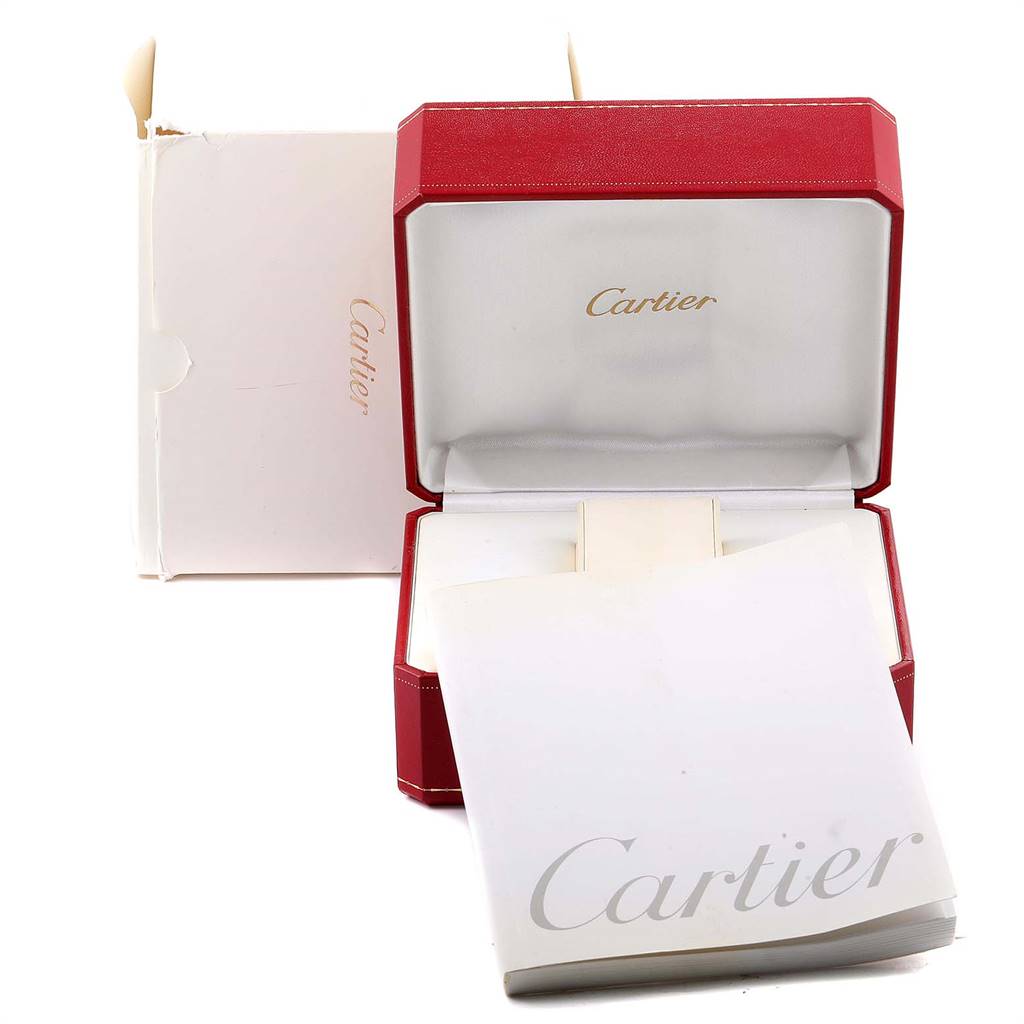 The image shows an open Cartier Tank Francaise W50011S3 Men's White Gold Silver Dial W50011S3 Men's White Gold Silver Dial watch box with a white outer box and Cartier documentation.