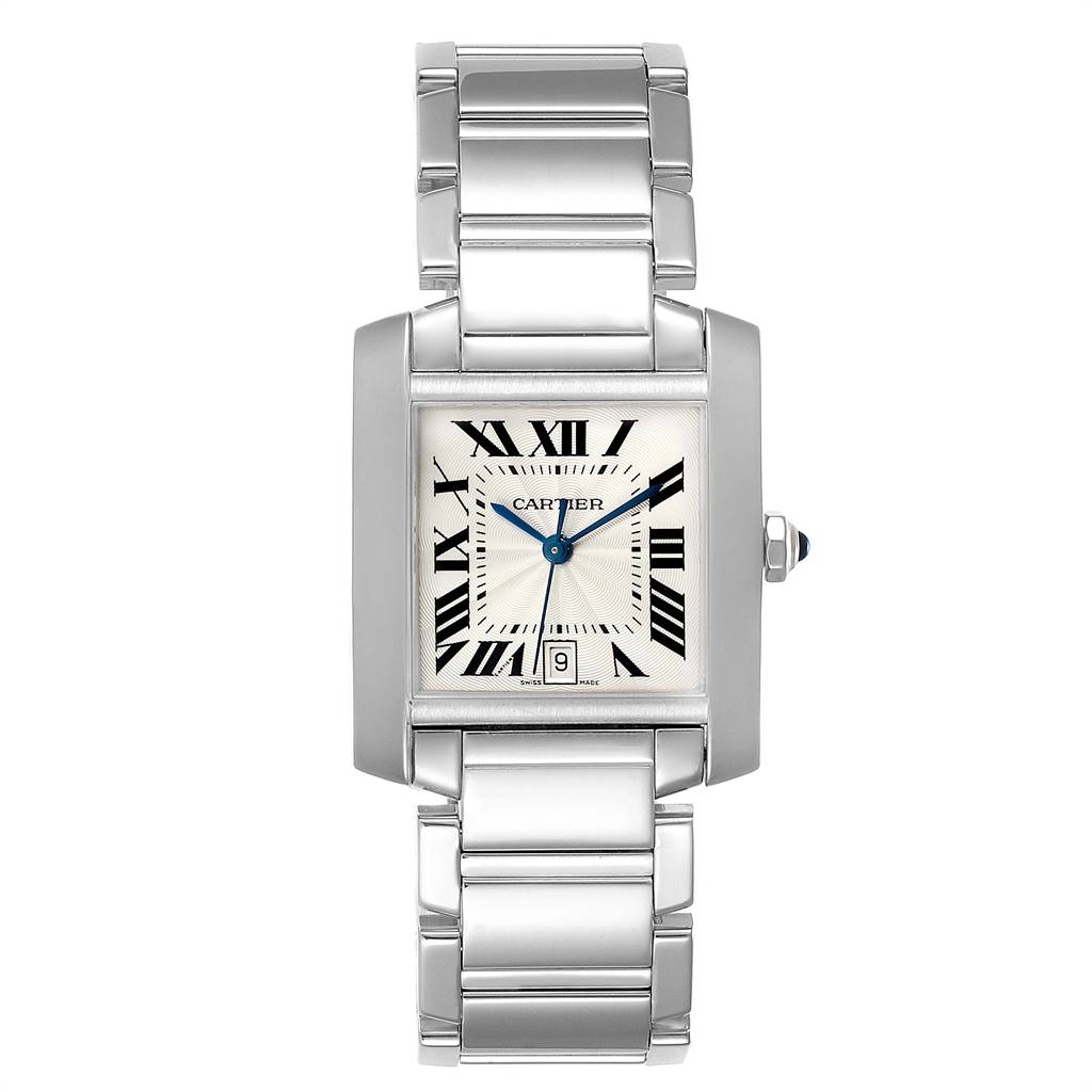 The Cartier Tank Francaise W50011S3 Men's White Gold Silver Dial W50011S3 Men's White Gold Silver Dial watch is shown from a front angle, displaying its face, Roman numerals, stainless steel bracelet, and date window.