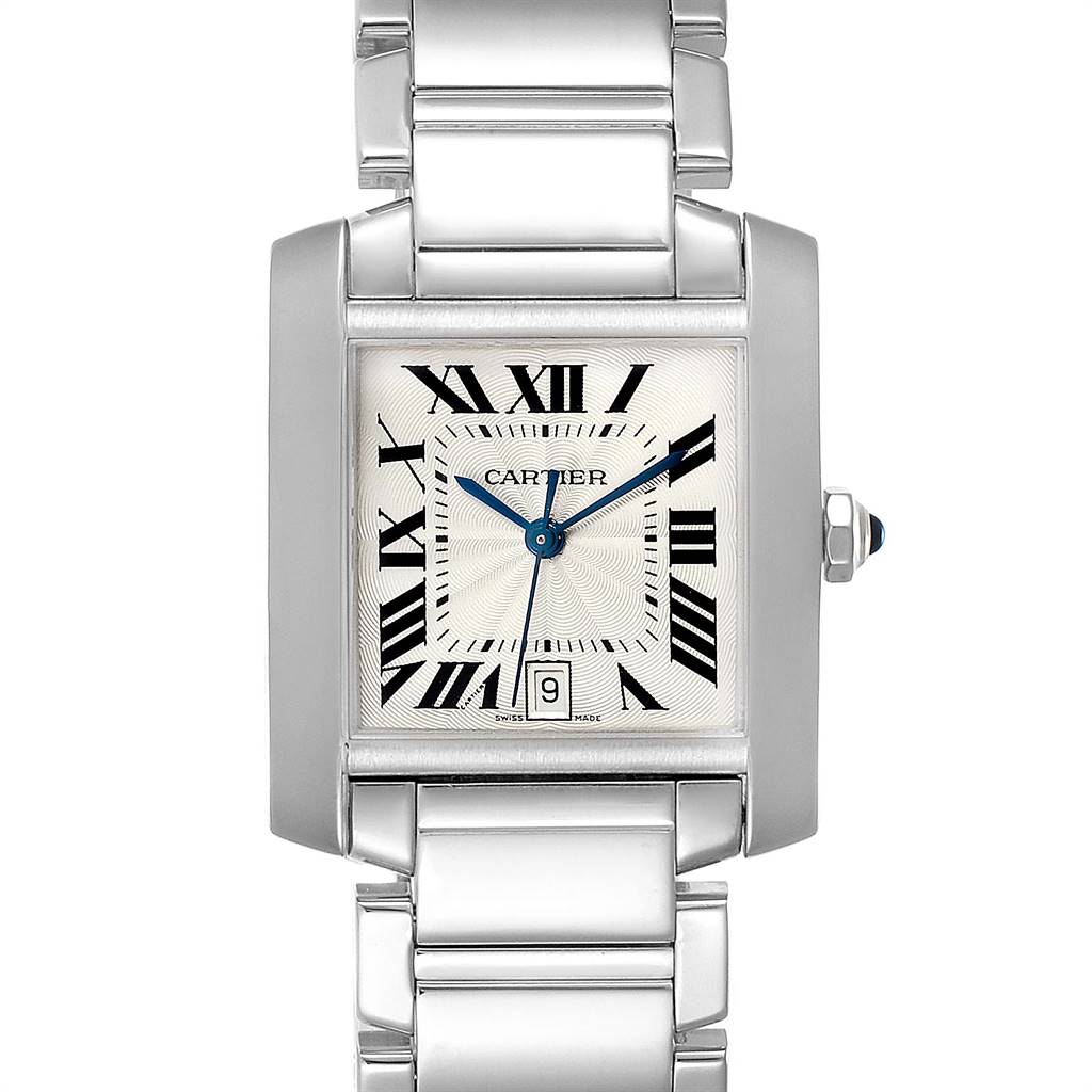 This image shows a frontal view of a Cartier Tank Francaise W50011S3 Men's White Gold Silver Dial W50011S3 Men's White Gold Silver Dial watch, displaying the face, case, and parts of the bracelet.