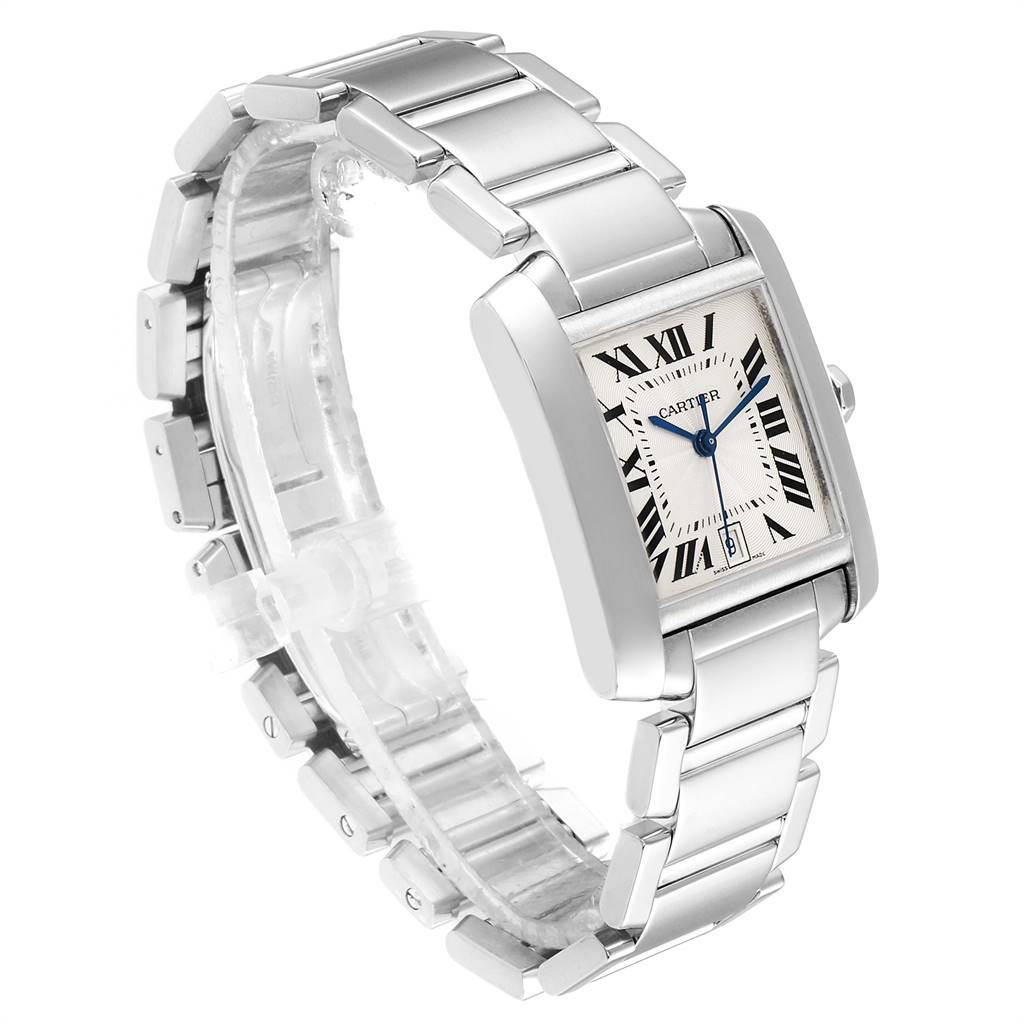 The Cartier Tank Francaise W50011S3 Men's White Gold Silver Dial W50011S3 Men's White Gold Silver Dial watch is shown at an angled view, highlighting the face, bracelet, and deployment clasp.