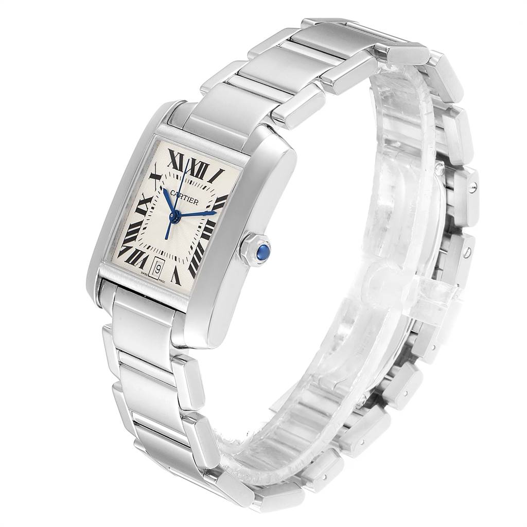 The image shows a Cartier Tank Francaise W50011S3 Men's White Gold Silver Dial W50011S3 Men's White Gold Silver Dial watch at a three-quarter angle, highlighting its rectangular face and metal link bracelet.