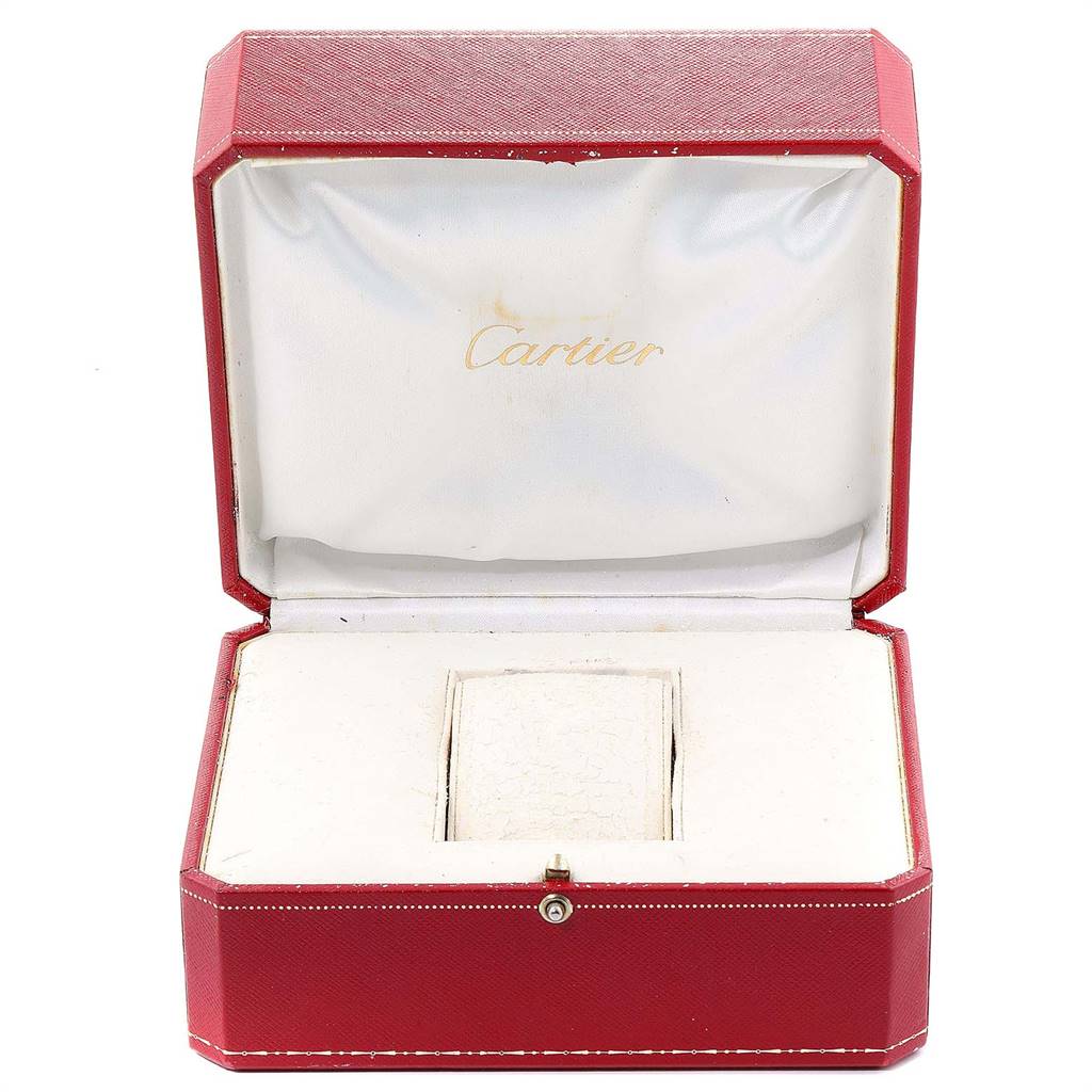 The image shows an open red Cartier watch box for the Tank Francaise model, displaying the interior and brand logo.