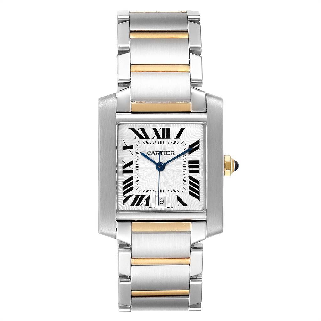The image shows a Tank Francaise watch by Cartier from a front-facing angle, displaying its face, band, and crown.