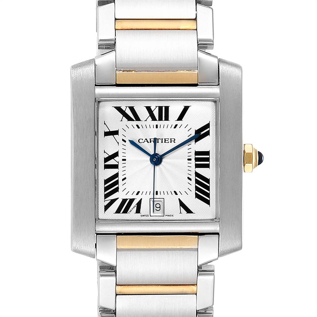 The Cartier Tank Francaise W51005Q4 Men's Steel and Gold (two tone) Silver Dial W51005Q4 Men's Steel and Gold (two tone) Silver Dial watch is shown from a front angle, displaying its face, Roman numerals, and part of its two-tone metal bracelet.