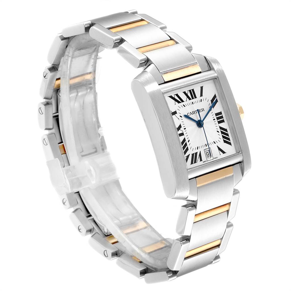 The image shows a side angle view of a Cartier Tank Francaise W51005Q4 Men's Steel and Gold (two tone) Silver Dial W51005Q4 Men's Steel and Gold (two tone) Silver Dial watch, highlighting its bracelet and rectangular dial.