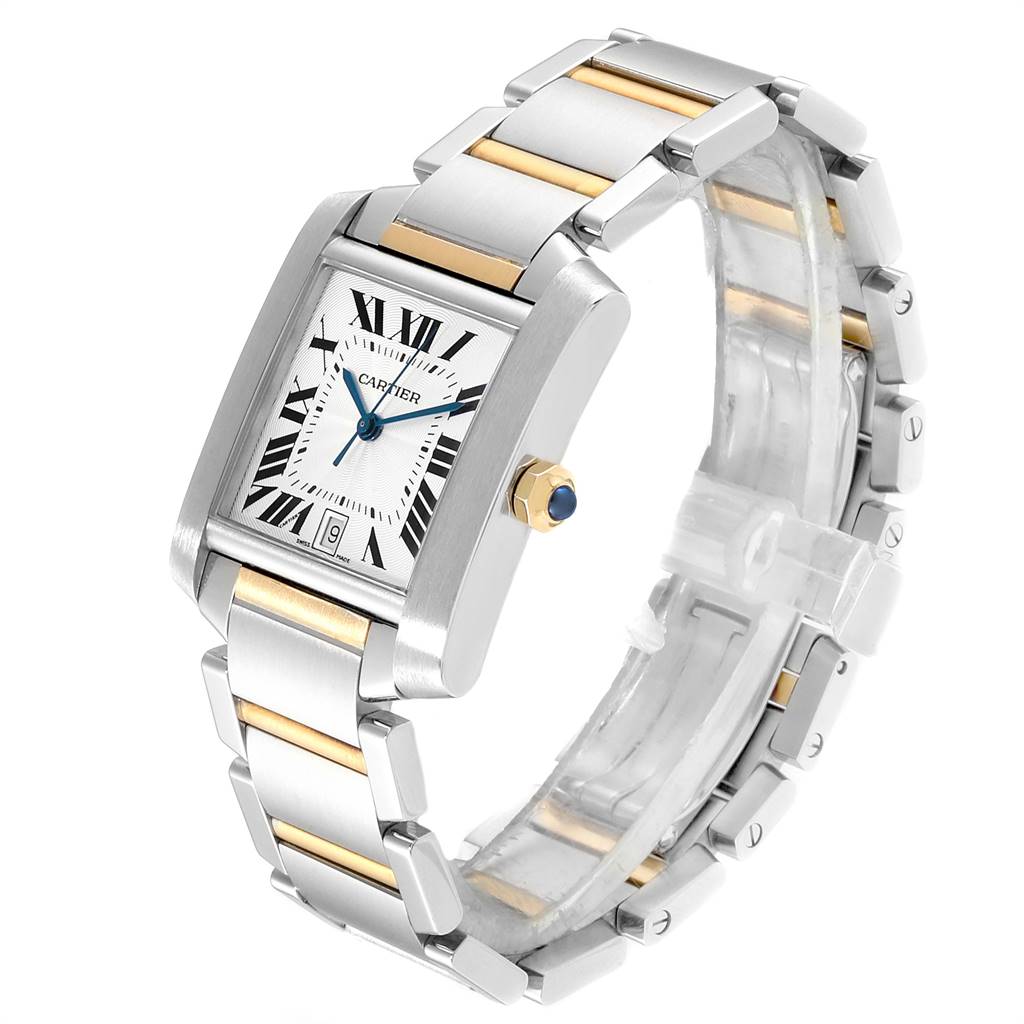 The image shows a Cartier Tank Francaise W51005Q4 Men's Steel and Gold (two tone) Silver Dial W51005Q4 Men's Steel and Gold (two tone) Silver Dial watch at a three-quarter angle, highlighting the face, crown, and bracelet.
