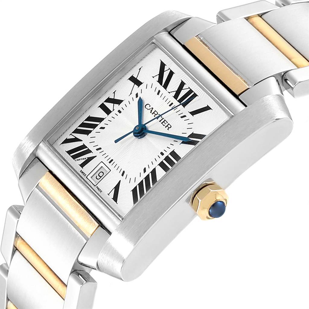 This image shows a close-up angle of the Cartier Tank Française watch, highlighting its rectangular face, Roman numerals, and bracelet.