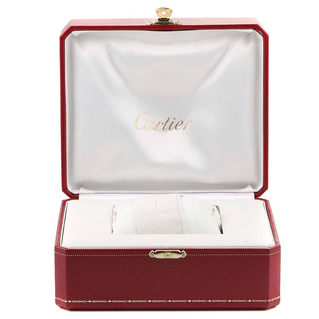 The image shows an open red Cartier box, presumably for a Tank Française model watch, with the Cartier logo on the inside lid.