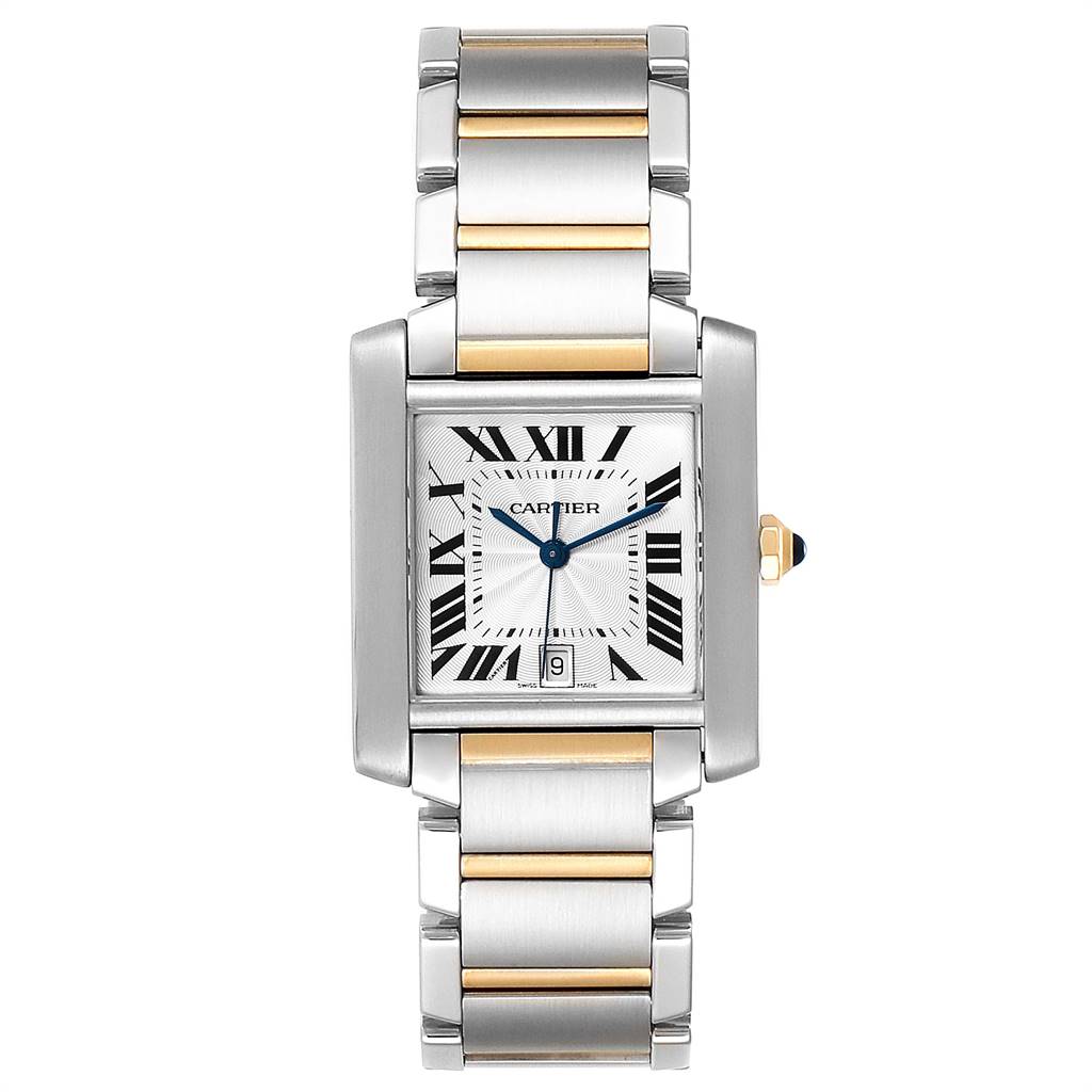 The image shows a full frontal view of a Cartier Tank Francaise W51005Q4 Men's Steel and Gold (two tone) Silver Dial W51005Q4 Men's Steel and Gold (two tone) Silver Dial watch, displaying the face, bracelet, and crown.