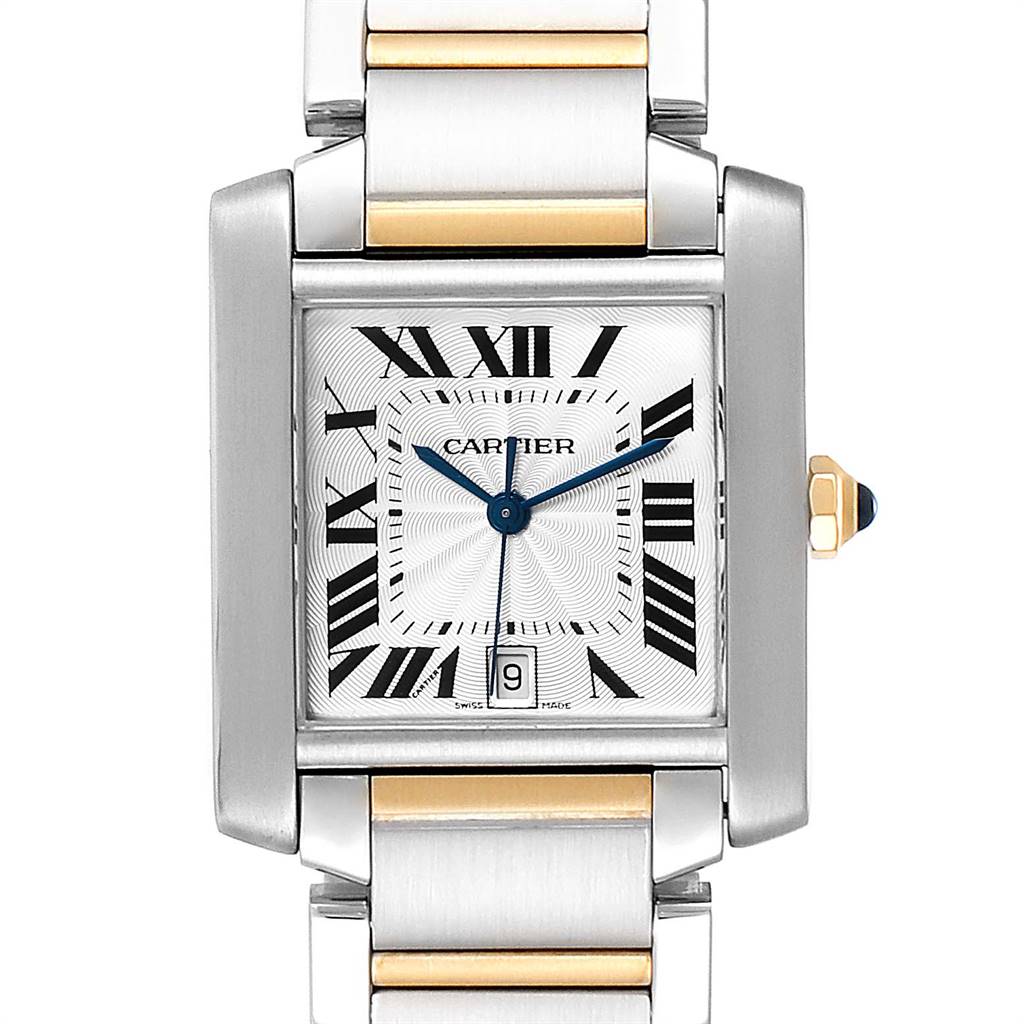 The Cartier Tank Française watch is shown from a front angle, highlighting its face, bezel, and part of the bracelet.