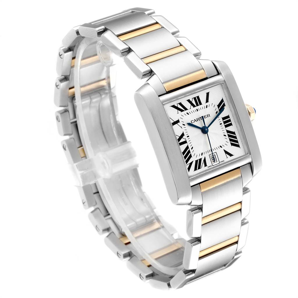 The image shows a Cartier Tank Francaise W51005Q4 Men's Steel and Gold (two tone) Silver Dial W51005Q4 Men's Steel and Gold (two tone) Silver Dial watch at a three-quarter angle, displaying the face, bracelet, and side profile.