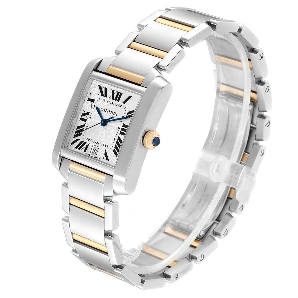 The image shows a Cartier Tank Francaise W51005Q4 Men's Steel and Gold (two tone) Silver Dial W51005Q4 Men's Steel and Gold (two tone) Silver Dial watch from a 3/4 angle, highlighting the face, crown, and two-tone bracelet.